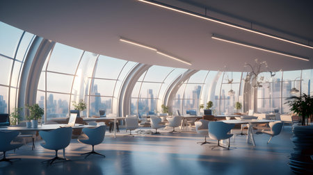 Modern office interior with panoramic city view. 3D renderingの素材