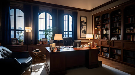interior of the office with a large window and a bookcaseの素材