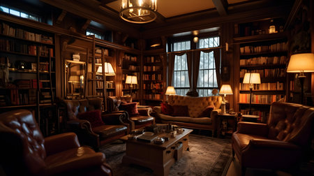 Interior of a living room at night with bookshelves and armchairsの素材
