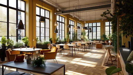 Interior of a modern cafe with yellow walls. 3d renderingの素材