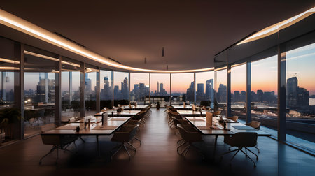 Modern meeting room interior with panoramic city view.の素材