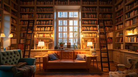 Interior of a living room with bookshelves and a sofaの素材