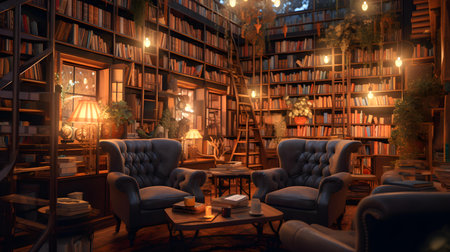 Interior of an old library at night. 3D rendering.の素材