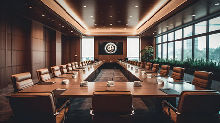 Conference room interior with round table and chairs. 3D renderingの素材