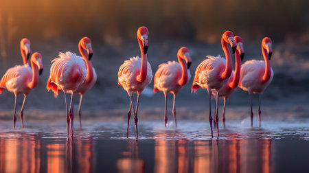 Flamingos in the sunset light. Group of flamingosの素材