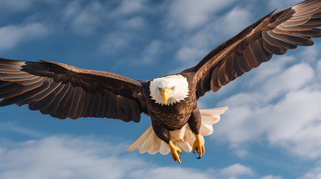 Bald Eagle in flight against a blue sky with white clouds.の素材