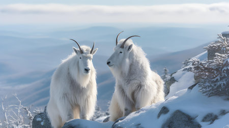 Two mountain goats on the top of a mountain in the snow.の素材