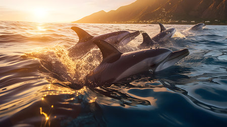 Dolphins jumping out of the water at sunset. 3D renderingの素材