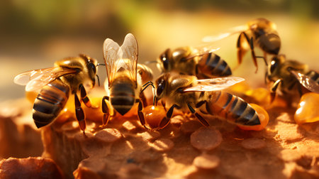Close up view of the working bees on honeycells. Beekeeping conceptの素材