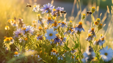 Bee and daisies in the meadow at sunset. Nature backgroundの素材