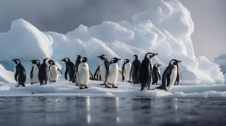 Group of penguins on the ice floe, Antarctic Peninsula, Antarcticaの素材