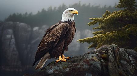 Bald Eagle (Haliaeetus leucocephalus) sitting on a rock.の素材