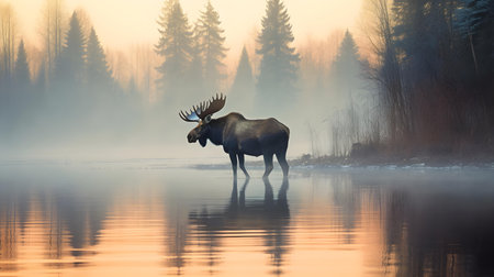 Bull Elk in a foggy winter landscape with a lake and treesの素材