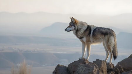 Portrait of a wolf standing on top of a rock looking at the cameraの素材