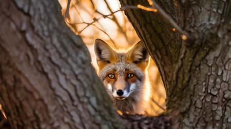 Red fox (Vulpes vulpes) in a tree.の素材