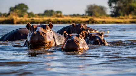 Hippos in the Chobe River, Botswana, Africaの素材