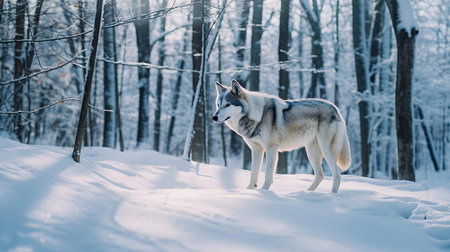 Siberian husky in the winter forest. Beautiful winter landscape.の素材
