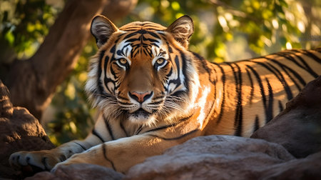 Close-up of a tiger resting in the shade of a treeの素材