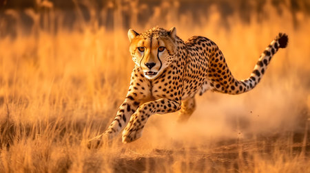 Cheetah running in the sunset light, Masai Mara National Park, Kenyaの素材