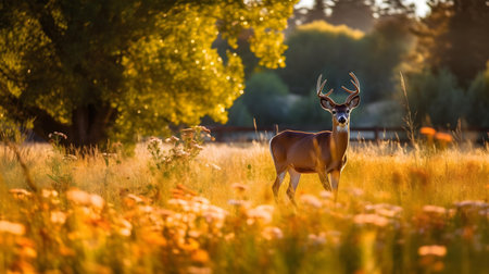 Whitetail Deer Buck in the Fall Rut with a Sun Lightの素材