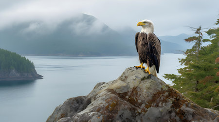 Bald Eagle sitting on a rock on the background of a lakeの素材