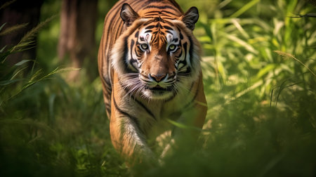 Close up of a tiger in the grass. (Panthera tigris altaica)の素材