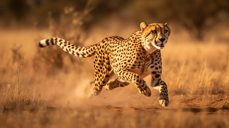 Cheetah (Acinonyx jubatus) running in the savannahの素材