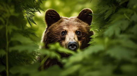 Brown bear in the green forest. Close-up portrait of a wild animalの素材