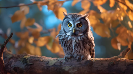 Beautiful owl sitting on a branch in the autumn forest. Owl in nature.の素材