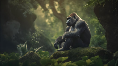 Gorilla sitting on a rock in the jungle, looking at cameraの素材