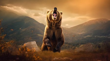 Grizzly bear on the background of the mountain landscape.の素材