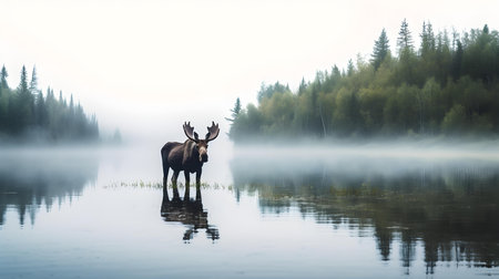 Moose in a misty forest lake. Finland, Lapland.の素材