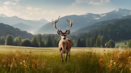 Deer in the meadow with mountains in the background - 3d renderの素材