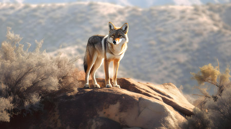 3D rendering of a wolf standing on a rock in the desertの素材