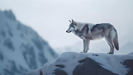 White wolf on the top of a snowy mountain in the winter.の素材
