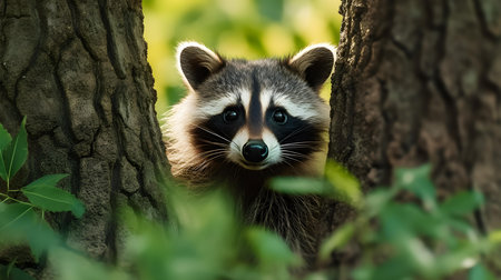 Raccoon in the forest. Wildlife scene from wild nature.の素材