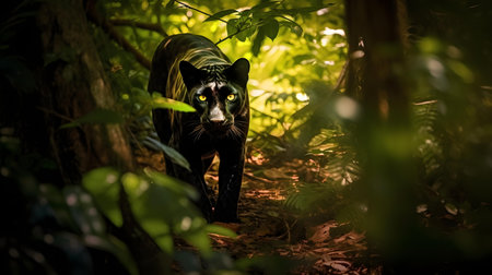 Black panther in the forest. Beautiful black cat in the jungle.の素材