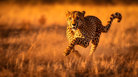 Cheetah running in the grass, Maasai Mara National Park, Kenya, Africaの素材