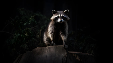 Raccoon sitting on a log in a dark forest at nightの素材