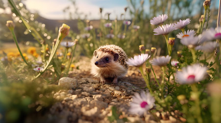 Hedgehog in the grass on the background of daisiesの素材