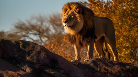 Male lion standing on rock in early morning light, South Africa.の素材
