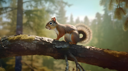 Squirrel on a tree branch in the forest. 3d renderingの素材