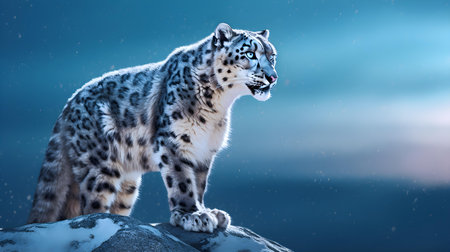 Snow leopard (Panthera uncia) standing on a rockの素材