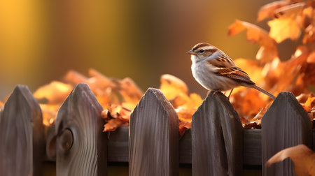 A sparrow sits on a picket fence in an autumn garden.の素材