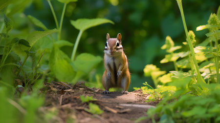 A chipmunk standing on the ground and looking at the cameraの素材