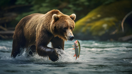 Grizzly bear catches a fish in the river. Kamchatkaの素材