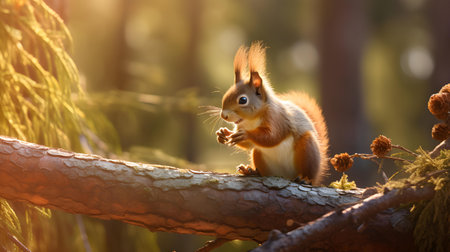 Squirrel sits on a branch in the forest and eats nuts.の素材