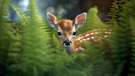 Little fawn in the forest with ferns on the backgroundの素材
