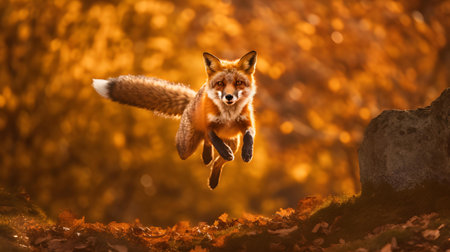 Red fox jumping in autumn forest. Wild animal in natural environment.の素材