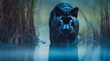 Black panther, Panthera leo, single mammal in water, South Africaの素材